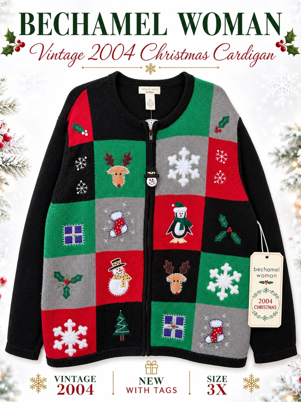 Bechamel Vintage 2004 Christmas Patchwork Cardigan - Black, Red, Green, Gray NWT
